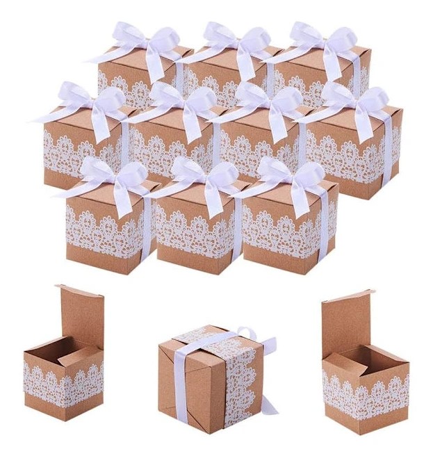 50 Set Kartong Kraftpapper Presentförpackning, Spets Bröllopsfest Favör