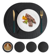 4 runda bordsunderlägg i läder (33 cm) och 4 underlägg (10 cm), värmebeständiga 100 °C, halkfria och vattentäta bordsunderlägg i PU A