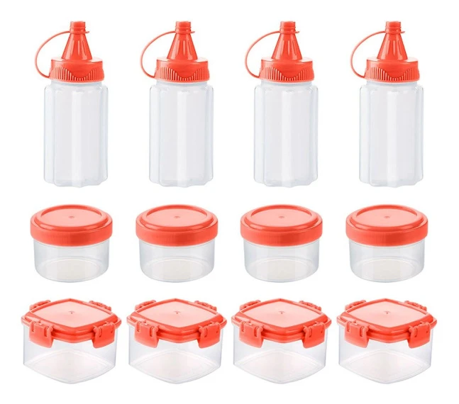 12-pack med miniplastflaskor för sås, kryddor, sallad, röd