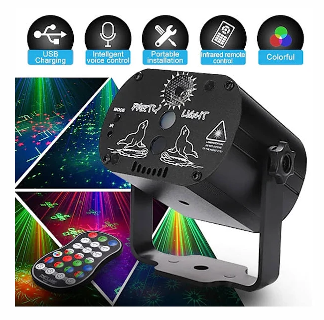 DJ Disco Scenbelysning Laser Strobbeljus LED Ljudaktiverad 60 Mönster RGB Flash Projektor med Fjärrkontroll för Julgåva