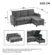 L-förmigt Dreisitzer-Soffa med LED-ljus, 208x146x89,5 cm, Fällbart Soffa med Dold Förvaring, Grått