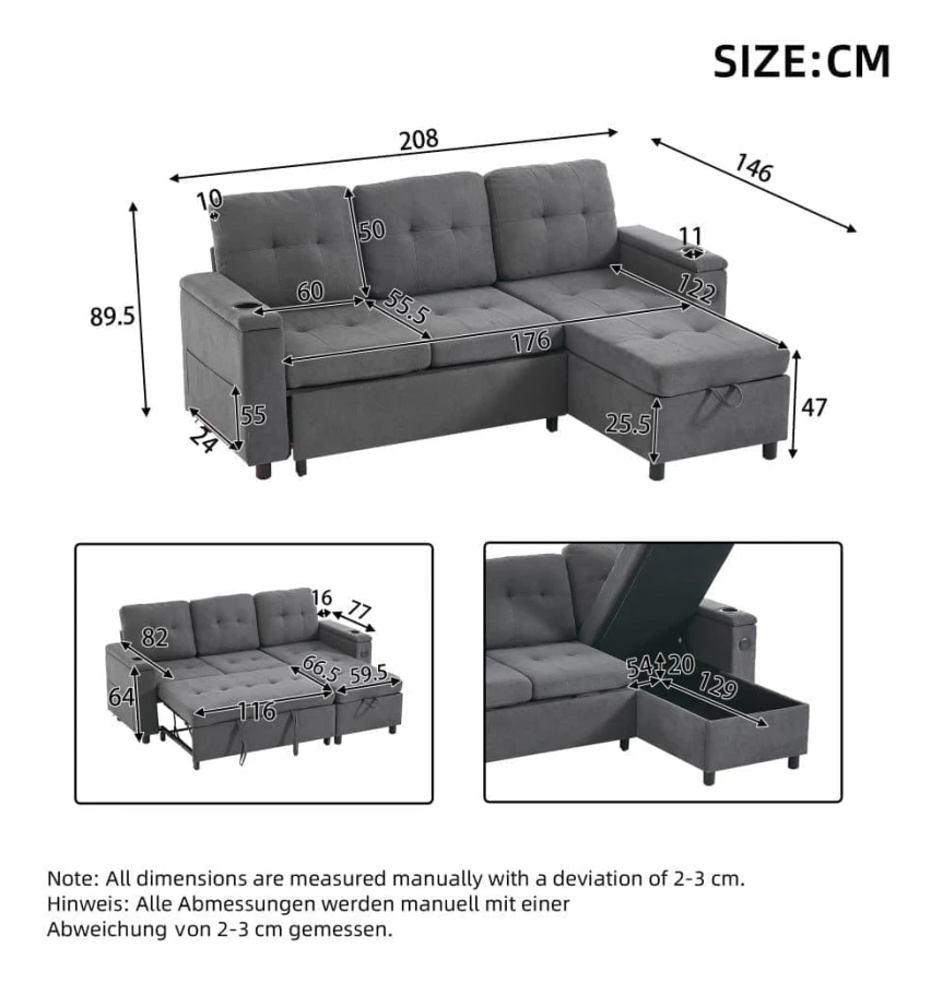 L-förmigt Dreisitzer-Soffa med LED-ljus, 208x146x89,5 cm, Fällbart Soffa med Dold Förvaring, Grått