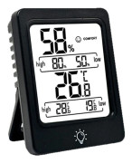 Digital termo-hygrometer med stor LCD-skärm – inomhustermometer och luftfuktighetsmätare med komfortindikator, max/min-minne och bakgrundsbelysning – svart