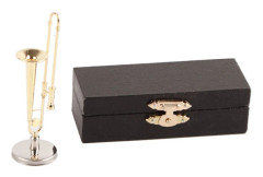 Miniatyr Dockskåp Trombon Modell Mässing Guldpläterad Simuleringsinstrument Dockskåp Tillbehör