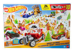 Hot Wheels leksaksbilar och set, 2025 Adventskalender, inkluderar 10 leksaksbilar, 10 dekorativa clips och 14 vintertema-tillbehör.