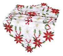 Heyone Christmas Embroidered Table Runner Poinsettia Holly Leaf Table Linen for Christmas Decorations 15 x 69 Inch