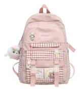 Heyone Kawaii-ryggsäck med Kawaii-nål och söta tillbehör - Söta skolryggsäckar Multi fickor Rutad japansk ryggsäck med hängsnålsmärke