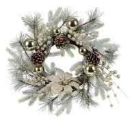 Julkrans 20 tum Juldekorationer Krans med Julgranskulor, Tallkottar, Gyllene Bär, Tallnålar och Julblomma