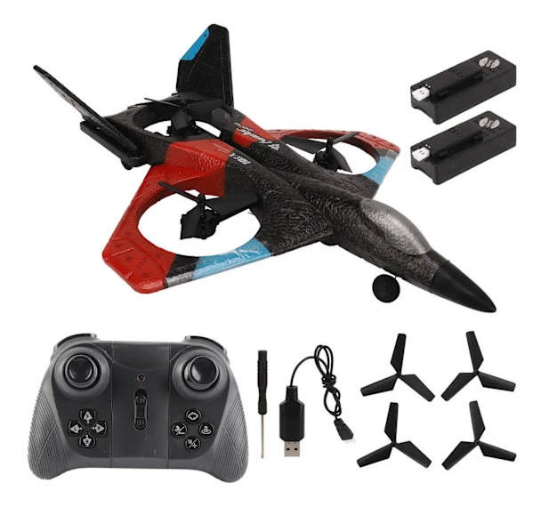 RC Flygplan med LED-lampa 2,4 GHz Fjärrstyrd Glidflygare Dubbla Batterier Röd för Pojkar Flickor Födelsedagspresenter