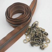 #5 Antik mässing metallisk nylon spole dragkedjor per meter bulk 10 meter (brun tejp med 25 st mässing löpare för gör-det-själv sömnad skräddare hantverk väska(brun)