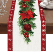 Jul Akvarell Julstjärna bordsduk med vita snöflingor - 33 x 183 cm, Säsongsbetonad vinterfestdekoration för inomhusbruk
