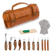 Träsnideri Kit - 8 Snidarknivar, 3 Precisionsknivar, Skärbeständiga Handskar, Polermedel och Läderfodral - Professionella Trämejslar