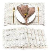 Boho-underlägg, 6-pack, Macramé Borddekoration och Landstil Underlägg Naturlig Bomulls-Sackväv, för Matbord Kök Cream Set of 6