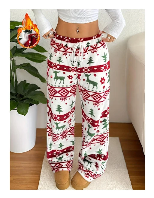 Julpyjamasbyxor för damer med vida ben, bekväma med julmönster och dragsko i midjan