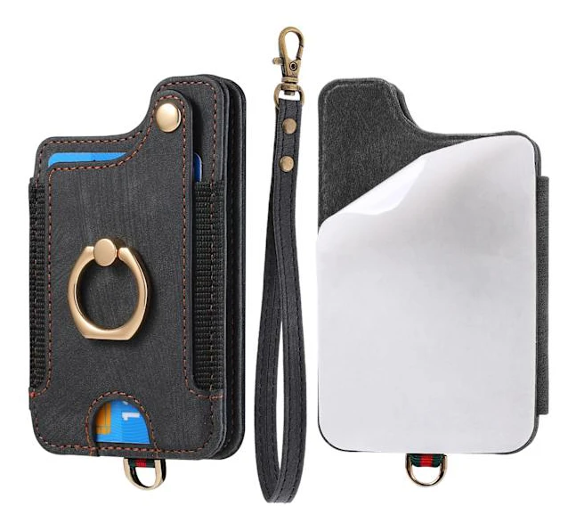 RFID-skyddskorthållare, retro enfärgad mobiltelefonkorthållare, PU-plånbok med armband och ringspänne Black