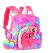Enhörning Plysch Ryggsäck för Flickor, Söt Mjuk PU Läder Småbarn Skola Bokväska, Kawaii Fluffiga Barn Ryggsäckar.