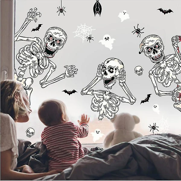 Ghyt Halloween Fönsterdekaler Läskiga Halloween Väggdekorationer Dödskalle Skelett Spöken Fladdermöss Spindeldekorationer För Fönster Glas Halloween Spökhus