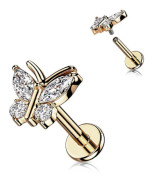 Gängad Fjärilformad Tragus/Labret Guld IP-316L stål med CZ 6 mm