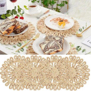 Set med 4 Runda Vävda Underlägg för Matbord 30cm Små Naturliga Flätade Rattan Underlägg Ihåliga Vicker Laddare Platta