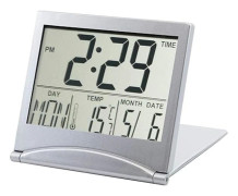 Silver digital LCD skrivbordsklocka med temperatur- och alarmfunktioner, helt ny för kontorsbruk. F