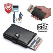 Svart-RFID NFC Skydd Plånbok Korthållare 5st Kort (Äkta Läder) Svart