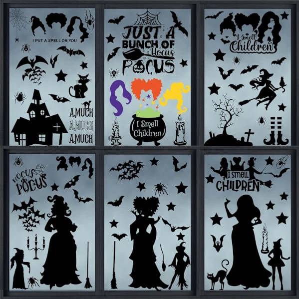Halloween Dekorationer Fönsterdekaler & Stickers - 9 Ark Galen Häxtema Set med Svart Katt, Fladdermöss, Kittel, Häxsilhuett, O black