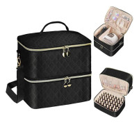 Stor Förvaringsväska för Nagellack, Dubbla Lager Sminktillbehör, Nagellacksväska Organizer 40 Flaskor (15 ml) & Nagellampa, Professionell Nagelutrustning - Svart