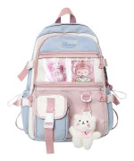 Kawaii-ryggsäck med Kawaii-nål och tillbehör Ryggsäck Söt estetisk ryggsäck Söt Kawaii-ryggsäck för skolan (blå)