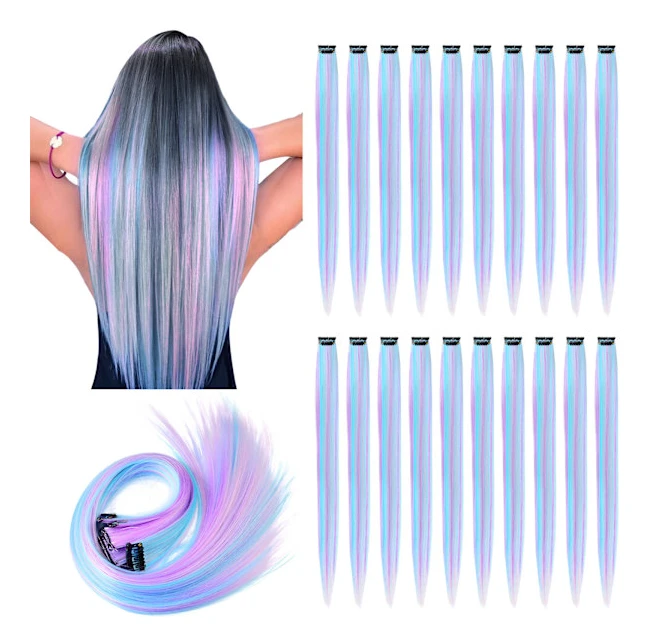 12 Hårförlängningar med Clips för Flickor 55 cm Lila Blå Gradient Branta Hårförlängningar för Cosplay