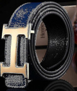 Ny Stil Business Fritid Äkta PU Läder H Slät Spänne Litchi Korn Bälte För Män V (FMY) Blue gold buckle