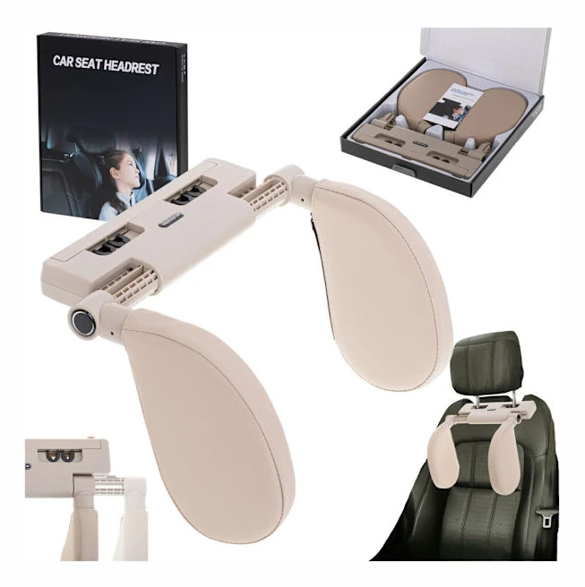 Adjustable Car Headrest with Side Cushions Memory Foam Beige Universal