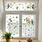 Kolibri och fjärilsfönsterdekaler, fågelväggdekaler, gröna bladväggdekaler, färgglada djurväggdekaler, stötfångardekaler, fönsterdekal för våren