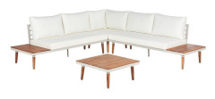 Loungegrupp med Hörnsoffa Off-White Akaciaträ 5-sits med Soffbord och Dynor Vardagsrum Uteplats