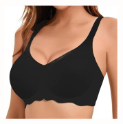 Wireless Push-Up Bra 3D Cup Support Seamless V-Neck Soft Comfort Bra for Large Busts Strong Support Multiple Colors Black XL Black XL
