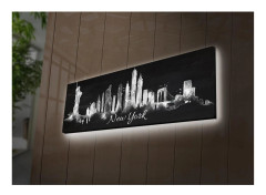 Canvastavla med LED-belysning 30x90 cm - Silhuett av New Yorks skyline med ikoniska byggnader - Svart / Vitt