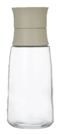 Transparent glasflaska med vitt lock, inbyggt filter, vändbar tratt, droppsäker hällning, dubbelanvändningslock, två-i-ett-design för hemköket