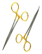 Premium tyskt rostfritt stål - Set med 2 st guldfärgade handtag mygglåsande HEMOSTAT tång rak + böjd 5\"-Cynamed