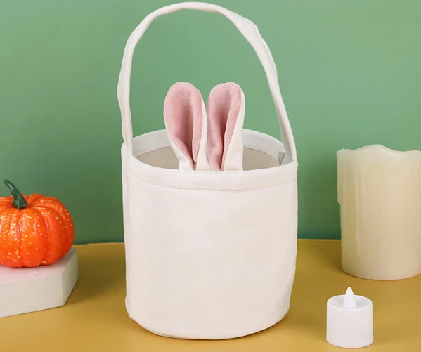 Påskhare tygväska med kaninöronkorg, presentförpackning för fest, påskäggslåda, godispåse (13*14.5cm) white and pink