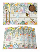 Påskbordsunderlägg, set om 8, vårblommor och blad & kaninsiluettägg på vit träådring, halkfria, tvättbara, inomhus/utomhus
