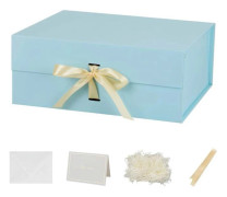 Stor Blå Lyxig Presentförpackning med Band & Magnetiskt Lock (33x28x13.5cm), Hopfällbar, Inkluderar Krusat Papper & Kort