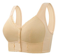 Beige spets BH utan bygel, mjuk kup-bralette med knäppning fram M