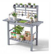 Planteringsbord/Planteringsbänk - Trädgårdsarbetsbänk - Med diskho - Justerbar träbordsskiva 94–140 cm - Hyllor och krokar - För utebruk - Grå