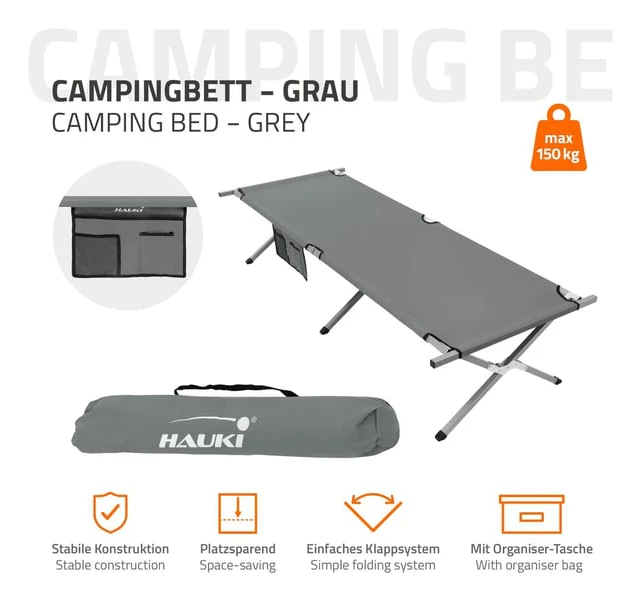 Campingsäng Hopfällbar campingsäng 210x83x46 cm Grå med bärväska upp till 150 kg HAUKI