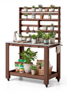 Planteringsbord/Odlingsbänk - Trädgårdsarbetsbänk - Rostfri bordsskiva 115 x 66 cm - Förvaringshyllor - 4 Hjul - Krokar - Brun