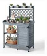 Planteringsbord/Planteringsbänk - Trädgårdsarbetsstation - Med förvaringsskåp - Hyllor - 110 x 46 cm träbordsskiva - För uteplats/balkong - Grå