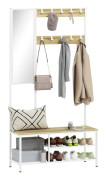 Skoställ med spegel - Hallmöbel - 4‑i‑1 Design - 3 Hyllor - Bänk - 10 Justerbara Krokar - 98×34×186 cm - Melaminträ och Metall - Naturträ