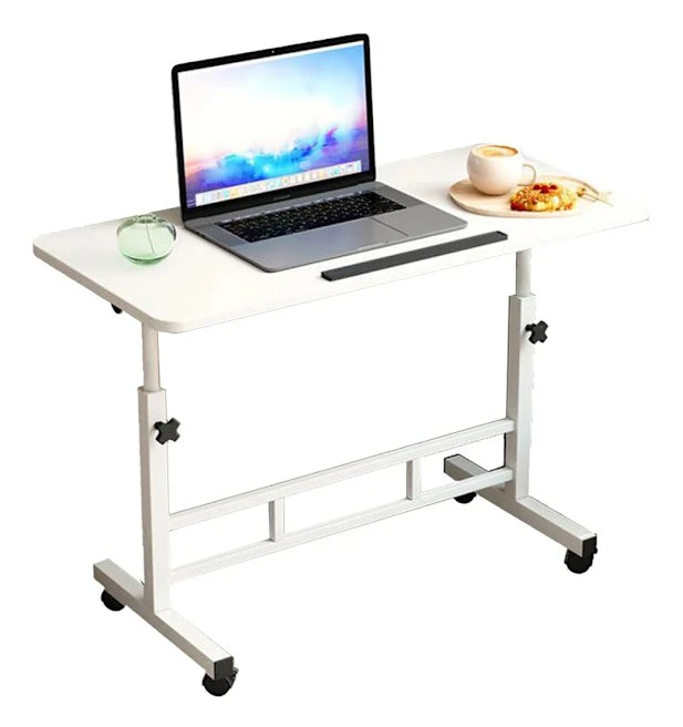 Ståskrivbord på hjul - Litet laptopbord - Höj- och sänkbart - 80×40 cm - Metallram - Vit