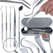Set med 5 rengörings- och bändverktyg i ett fodral (sond, spegel, pincett, hacka, scaler)