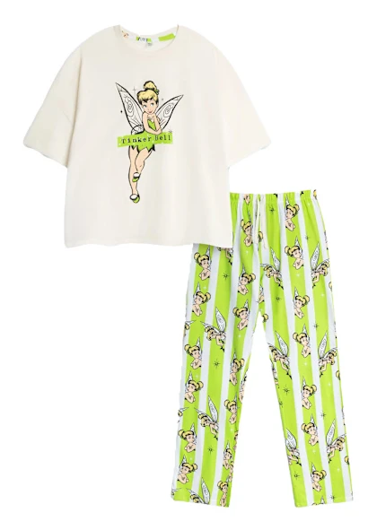 Tinkerbell Pyjamas för kvinnor/damer, kortärmad, lång pyjamasuppsättning M Vit/ White/Green M
