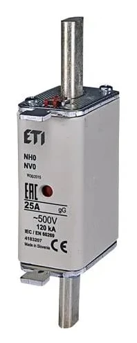 Säkring NH0 25A gG 500V AC, brytförmåga 120kA, Standard IEC 60269-1, IEC 60269-2, med statusindikator (3 st)